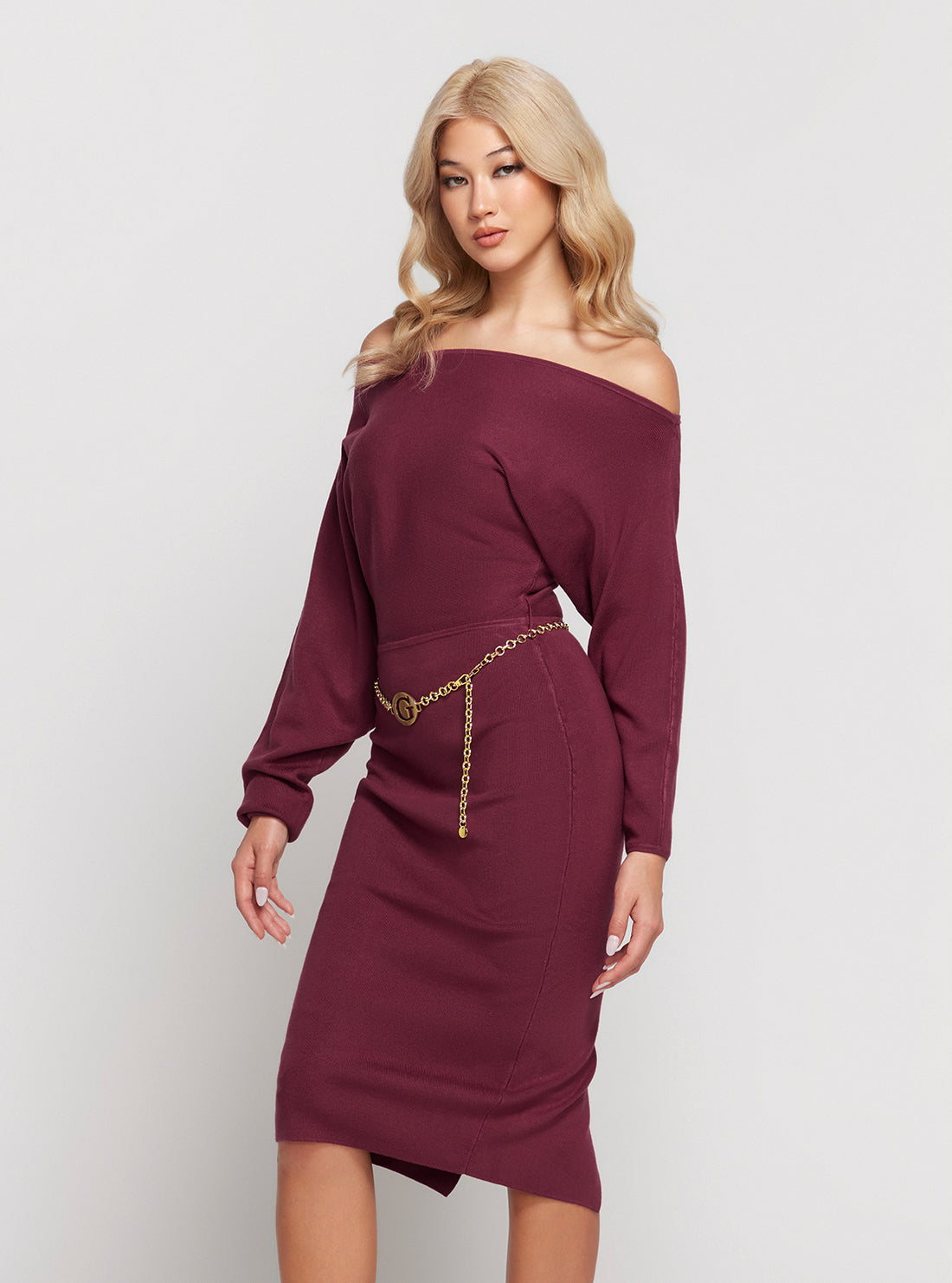 Dark Red Raven Long Sleeve Off Shoulder Midi Dress Dark Red Raven Long Sleeve Off Shoulder Midi Dress