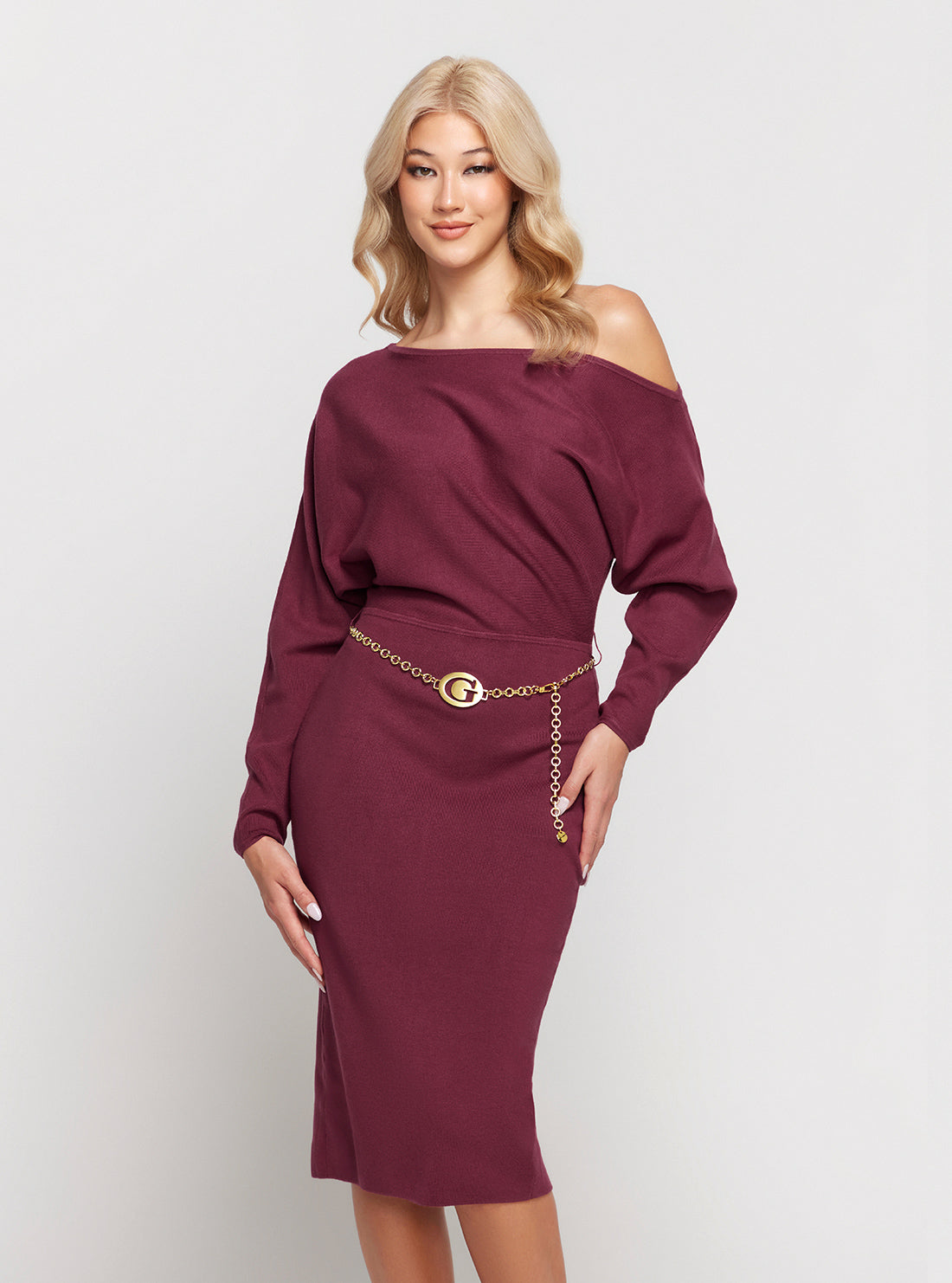 Dark Red Raven Long Sleeve Off Shoulder Midi Dress Dark Red Raven Long Sleeve Off Shoulder Midi Dress