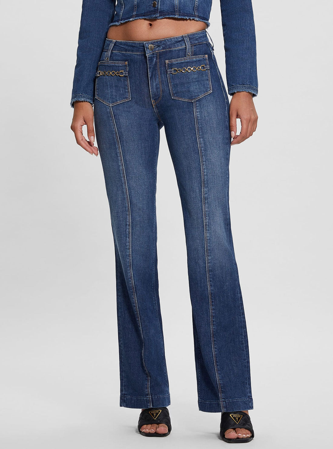 Eco Mid-Rise Bootleg Cut Chain Denim Jeans in Dark Wash Eco Mid-Rise Bootleg Cut Chain Denim Jeans in Dark Wash