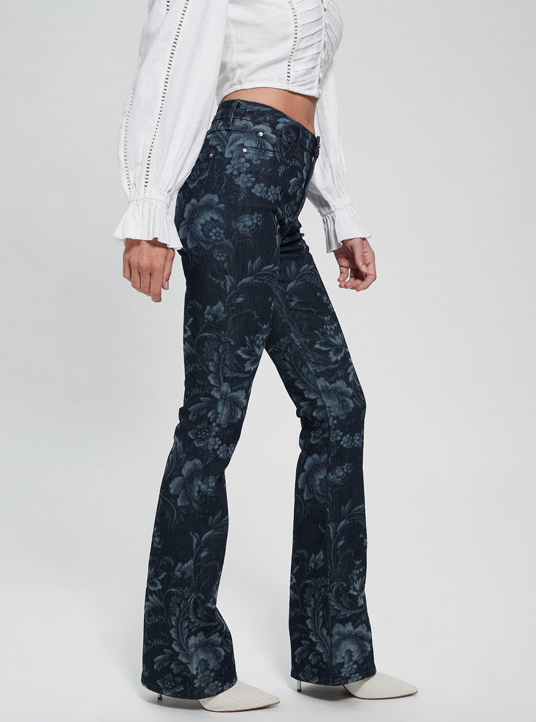 Eco High-Rise Flare Adeline Denim Jeans In Wild Flower Print Wash Eco High-Rise Flare Adeline Denim Jeans In Wild Flower Print Wash