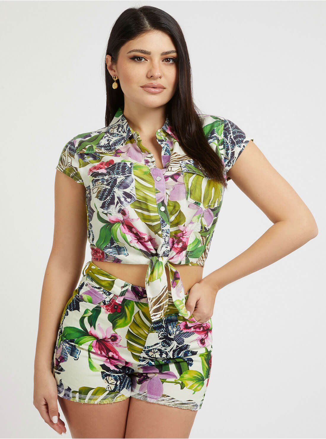 Palm Print Classic Western Front Tie Crop Top Palm Print Classic Western Front Tie Crop Top