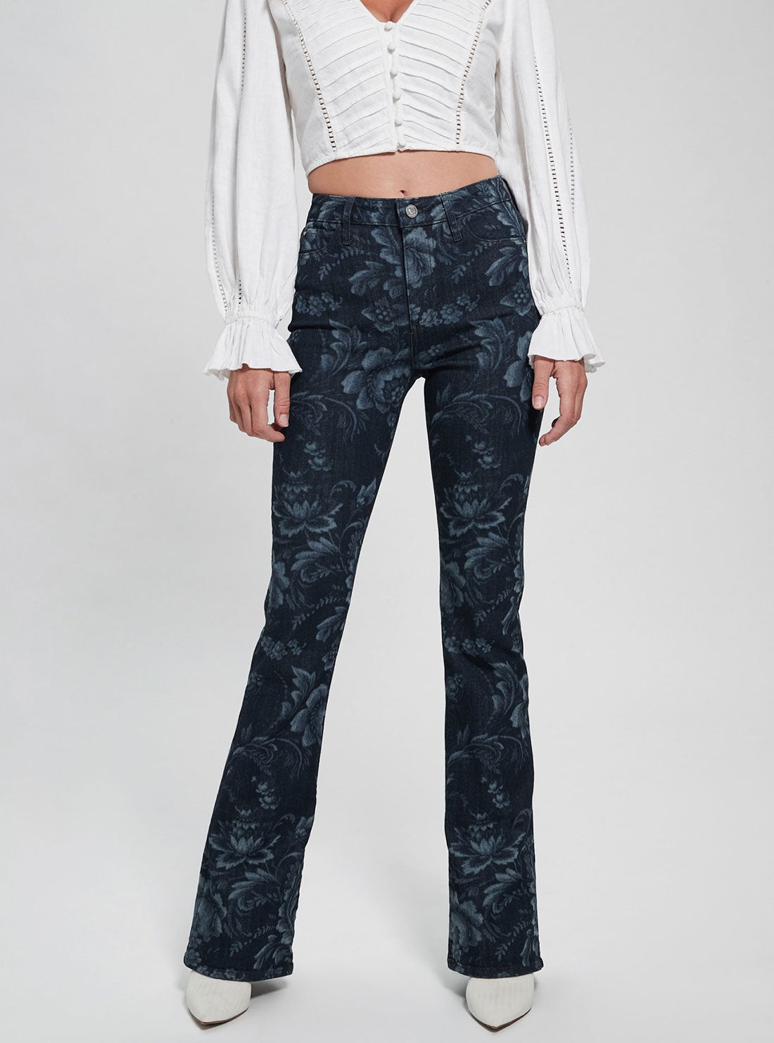 Eco High-Rise Flare Adeline Denim Jeans In Wild Flower Print Wash Eco High-Rise Flare Adeline Denim Jeans In Wild Flower Print Wash