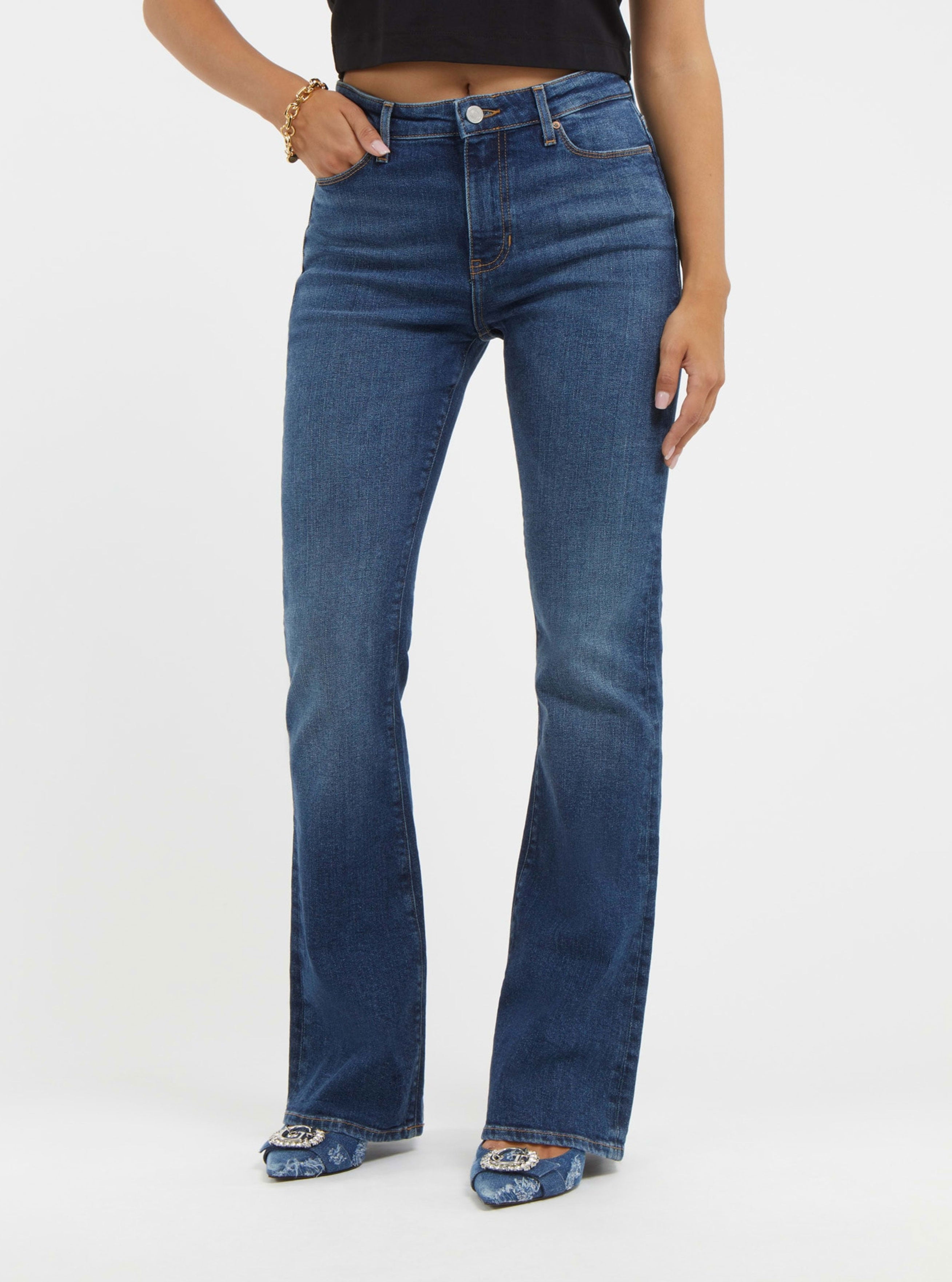High-Rise Sexy Flare Leg Denim Jeans In Harrison Blue Wash High-Rise Sexy Flare Leg Denim Jeans In Harrison Blue Wash